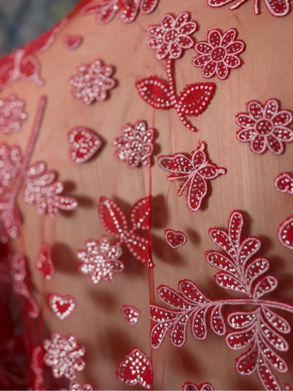 Red Embroidered Fringe Shawl / Scarf Wrap